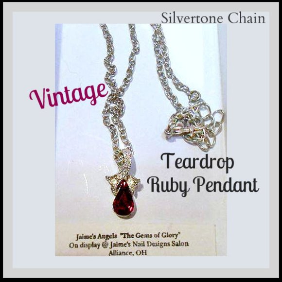 Jewelry - Vintage Ruby & White Crystal Gemstone Teardrop Shaped Pendant